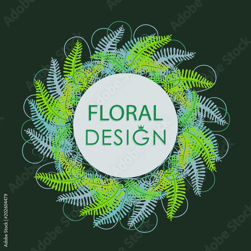 Wreath from the leaves of the forest fern. Dark green background. Flower green greeting card. For romantic design, announcements, greeting cards, posters, advertising. Kupala night.