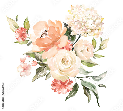  watercolor flowers. floral illustration, Leaf and buds. Botanic composition for wedding or greeting card. branch of flowers - abstraction roses, hydrangea