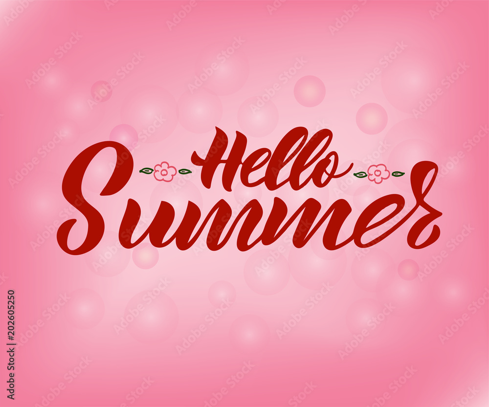 Hand lettering vector Hello Summer Sale on black background with leaves. As template of logotype, label, icon, tag, banner, print. Inscription for packing product to store, for journal, flyer. Hand lettering vector Hello Summer Sale on black background with leaves. As template of logotype, label, icon, tag, banner, print. Inscription for packing product to store, for journal, flyer.