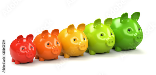 Multicolored piggy banks in a row on a white background. 3d render illustration.