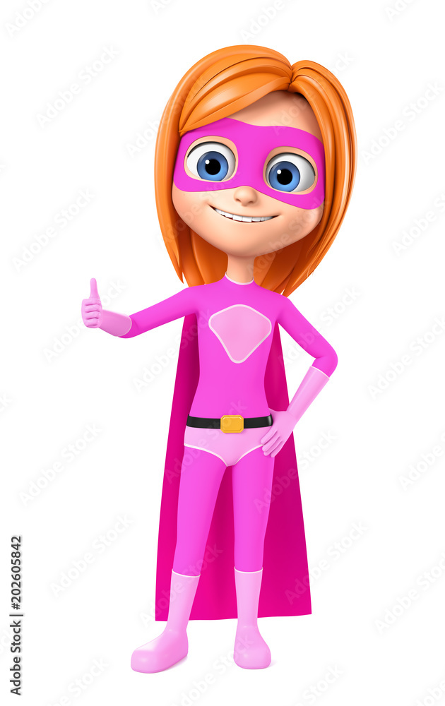 Cheerful superhero girl showing thumbs up on white isolated background. 3d render illustration. Cheerful superhero girl showing thumbs up on white isolated background. 3d render illustration.