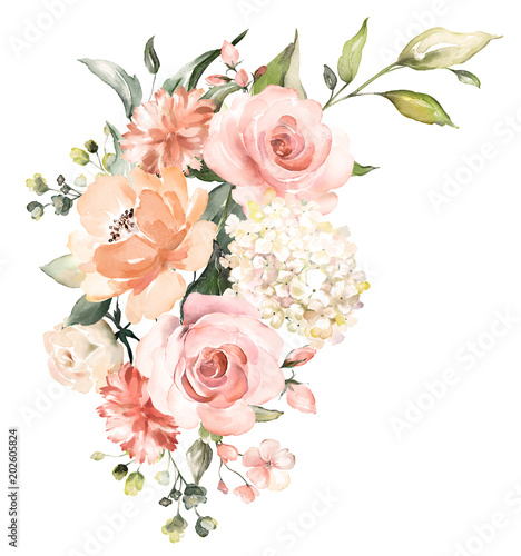  watercolor flowers. floral illustration, Leaf and buds. Botanic composition for wedding or greeting card.  branch of flowers - abstraction roses, hydrangea