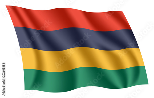 Mauritius flag. Isolated national flag of Mauritius. Waving flag of the Republic of Mauritius. Fluttering textile mauritian flag. The Four Bands.
