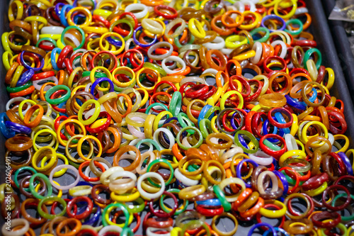 Colourful jade rings on display at Camden market in London