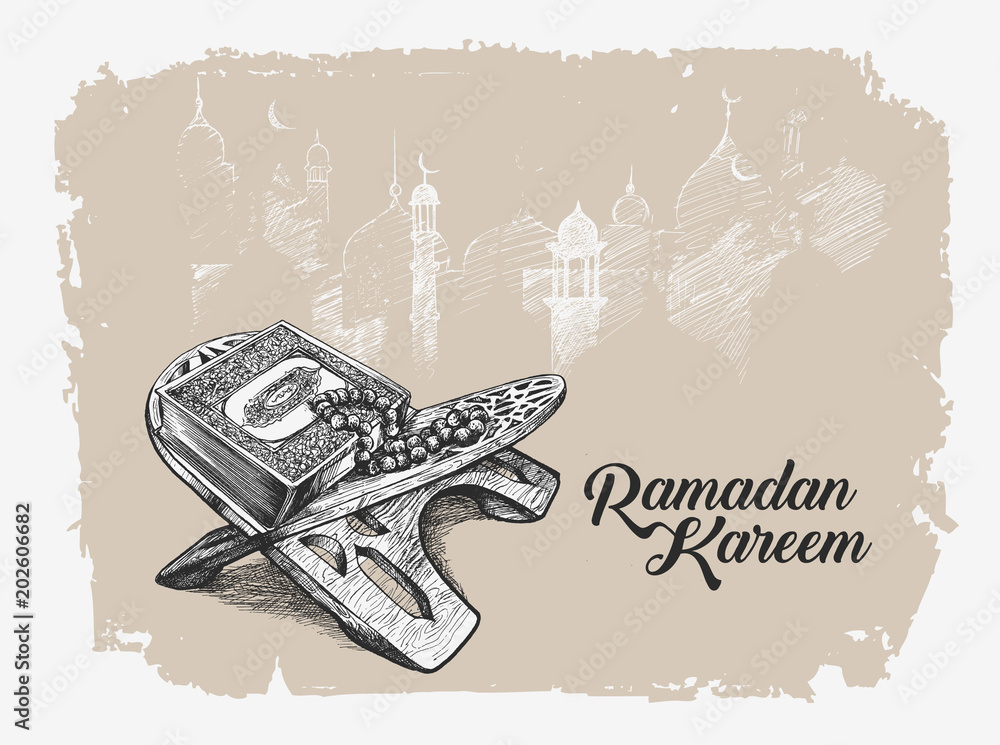 Φωτογραφία The holy book of the Koran on the stand with calligraphy stylish lettering Ramadan Kareem text, Hand Drawn Sketch Vector illustration