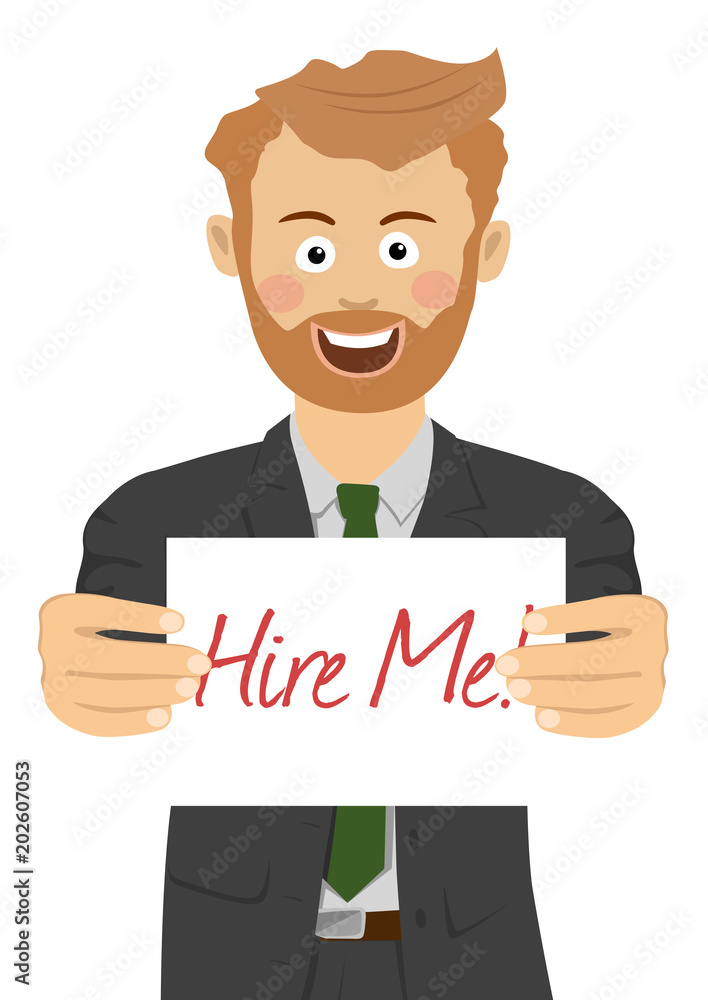 Young smiling businessman showing a paper with hire me text