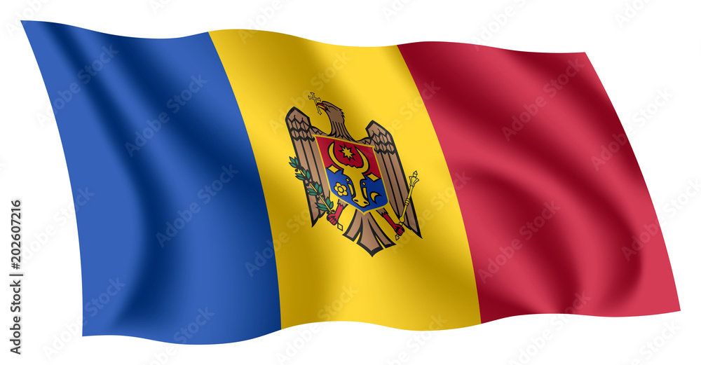 Fototapeta premium Moldova flag. Isolated national flag of Moldova. Waving flag of the Republic of Moldova. Fluttering textile moldovan flag.