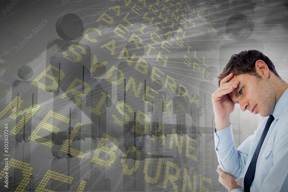 Φωτογραφία Businessman with a headache against airport departures board for australia