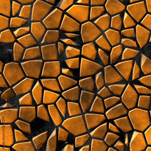 cobble stones irregular mosaic pattern texture seamless background - pavement orange colored pieces on black ground