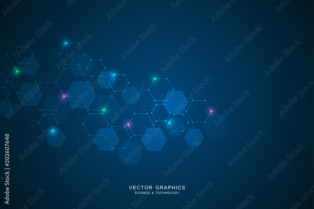 Fototapeta premium Science background with hexagons design. Geometric abstract background with molecular structure.