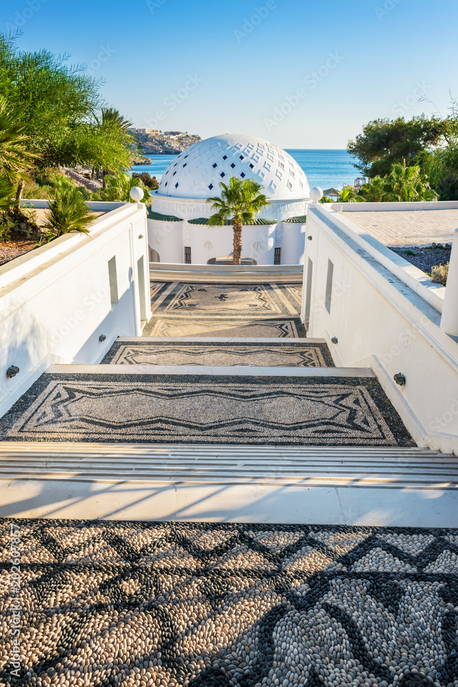 Ταπετσαρία Main stairway to Dome in Kalithea (Rhodes, Greece) - Text translation: Reps sne