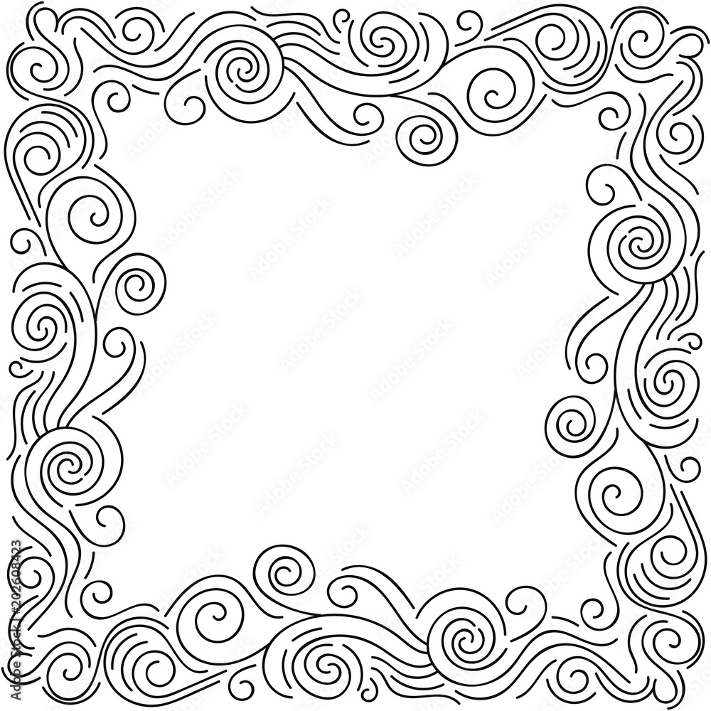 Abstract doodle curly thin line frame isolated on white background. Vector illustration.