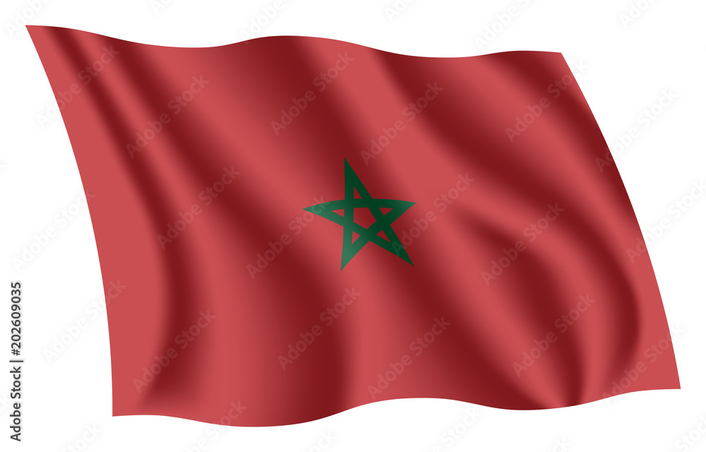 Morocco flag. Isolated national flag of Morocco. Waving flag of the Kingdom of Morocco. Fluttering textile moroccan flag. Morocco flag. Isolated national flag of Morocco. Waving flag of the Kingdom of Morocco. Fluttering textile moroccan flag.