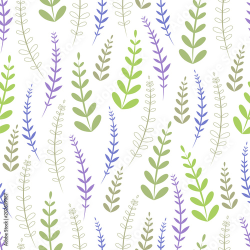 Vector seamless pattern with purple and green herbs isolated on white background. Good for greeting cards  wrapping paper  invitations  textile design.