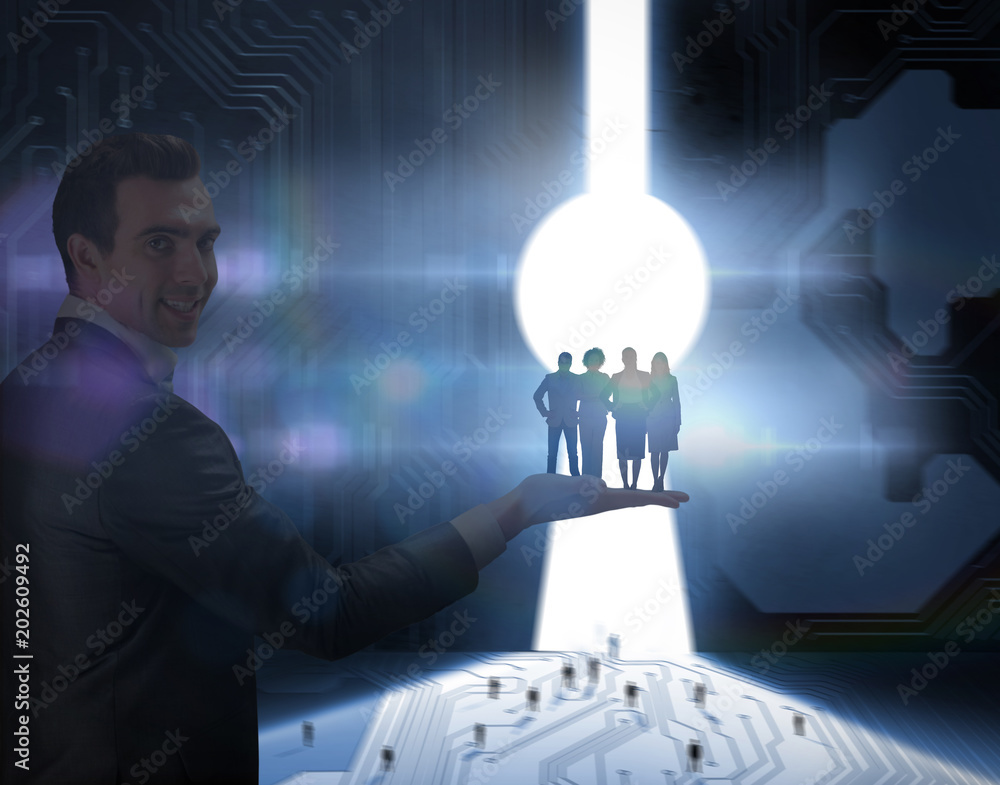 Εκτύπωση καμβά Business team looking at camera held by giant businessman against illustration o