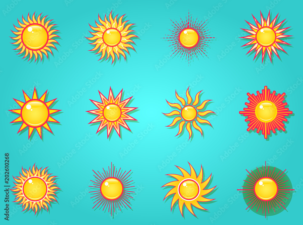Sun in the sky icons set Sun in the sky icons set
