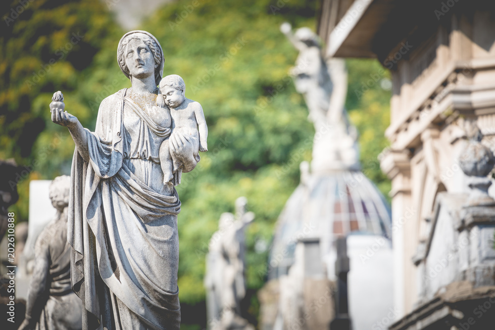 Obraz premium Monuments at Recoleta Cemetery, a public cemetery in Buenos Aires, Argentina.