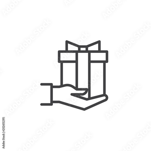 Giving Gift outline icon. linear style sign for mobile concept and web design. Hand holding gift box simple line vector icon. Symbol, logo illustration. Pixel perfect vector graphics