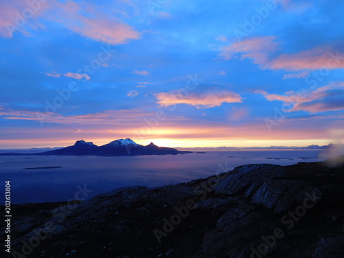 The polar dawn, sun over the mountains, Bodo County, Norway
