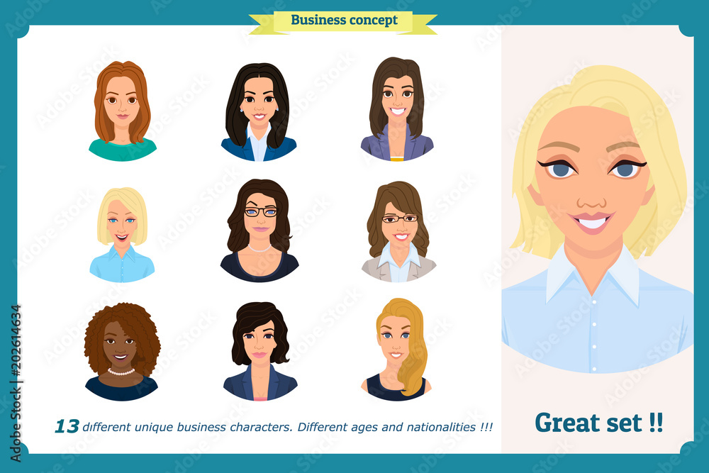 Business woman avatars set with smiling face.Team icons collection.Isolated vector illustration on white in flat cartoon.Cute woman in business clothes.