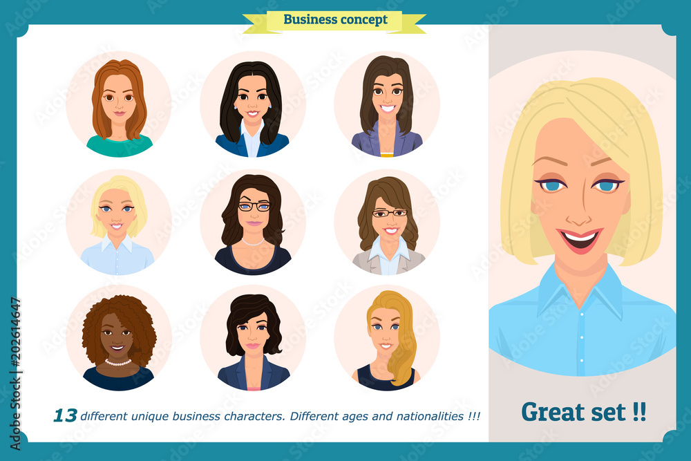 Business woman avatars set with smiling face.Team icons collection.Isolated vector illustration on white in flat cartoon.Cute woman in business clothes. Business woman avatars set with smiling face.Team icons collection.Isolated vector illustration on white in flat cartoon.Cute woman in business clothes.