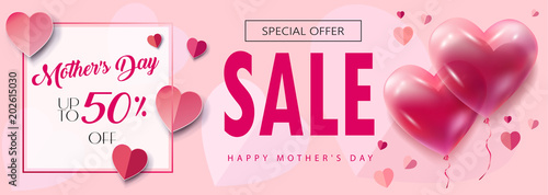 Sale banner for Mother's Day, Women's Day, Valentine's Day, Anniversary, Wedding day gift card, invitation decorative balloons hearts, floral pink elements, vector paper cut flowers