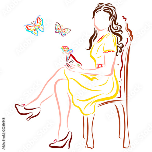 A beautiful lady in a chic chair with a book from which butterflies fly out