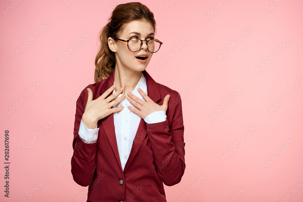 surprised woman with glasses shows herself hands surprised woman with glasses shows herself hands
