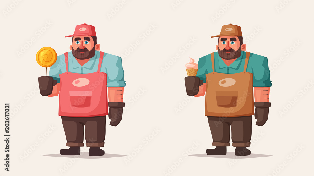 Street food and beverages funny hawker. Cartoon vector illustration. Seller or chef character Street food and beverages funny hawker. Cartoon vector illustration. Seller or chef character