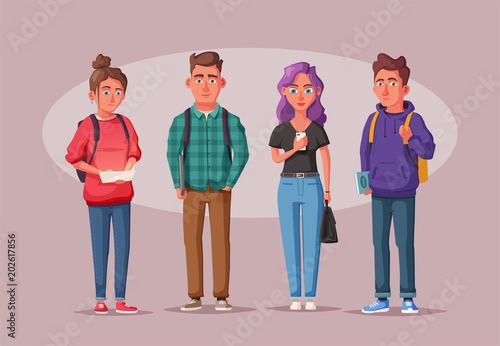 Happy students with books and gadgets. Cheerful, beautiful girls and guys Cartoon vector illustration
