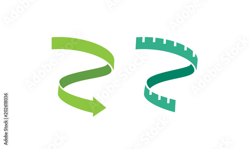 Weight loss diet measure tape meter ruler, falling down ribbon arrow Seamstress Sewing Cloth Tailor icon logo design