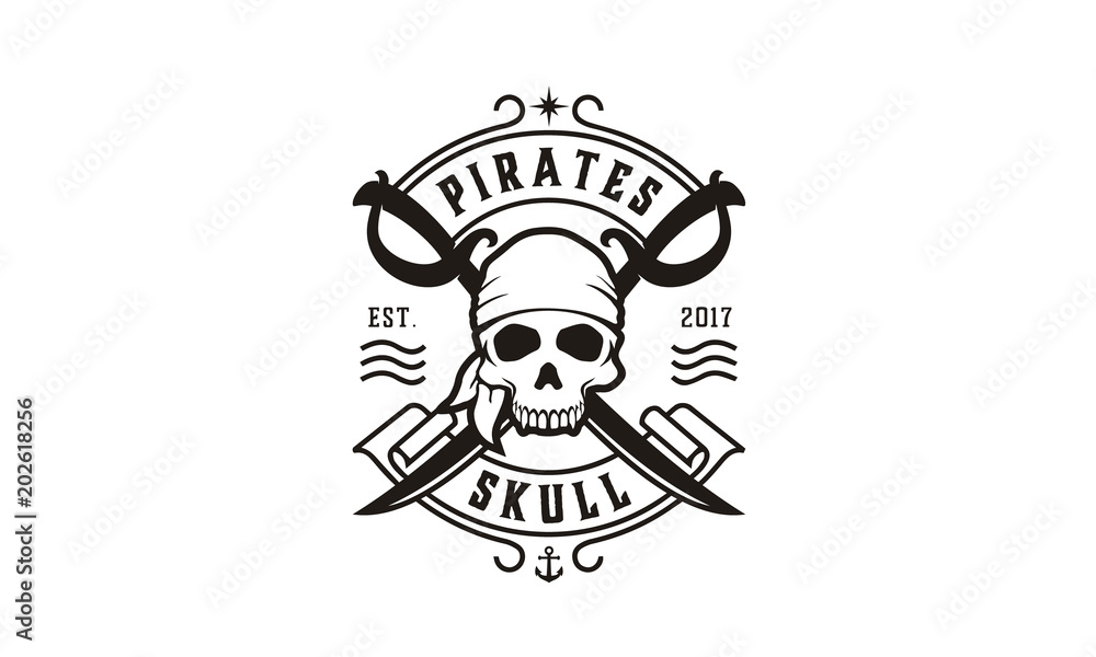 Skull with Crossing Swords for Pirates emblem logo design inspiration Skull with Crossing Swords for Pirates emblem logo design inspiration