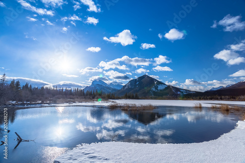 Vermilion lake at Banff National Park, Alberta, Canada. This photo was taken during the transition between winter and snow season. 