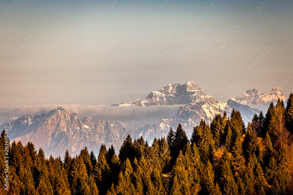 Φωτογραφία Sunrise on peaks of Dolomiti Bellunesi National Park peaks with fir forest in th