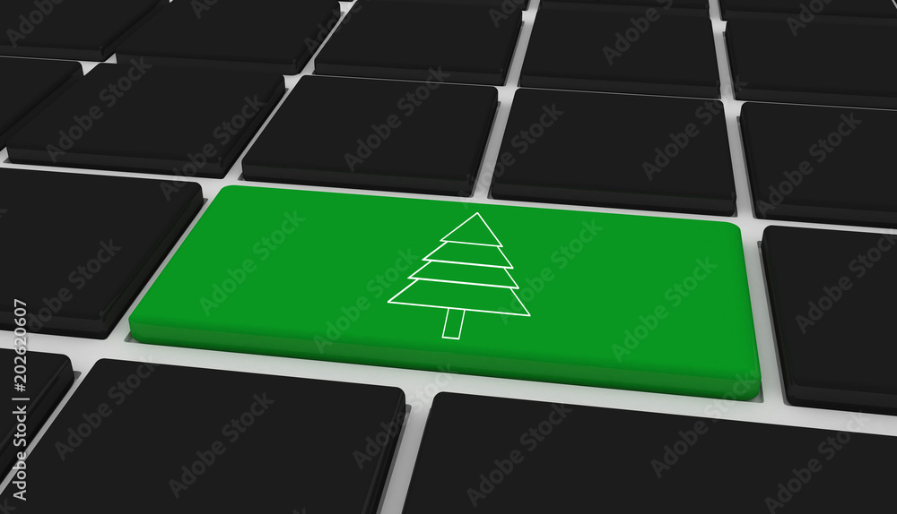 Fir tree against black keyboard with green key