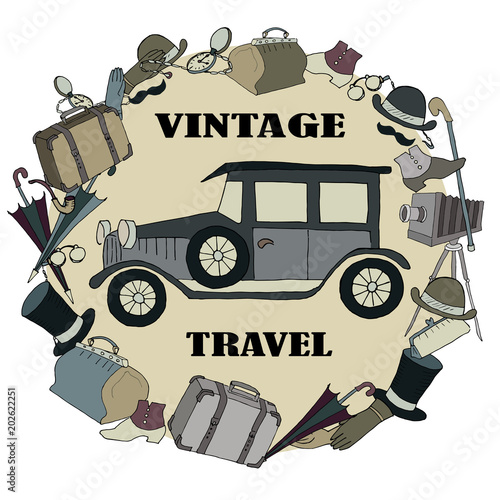 Retro style frame with car and "vintage travel" words.