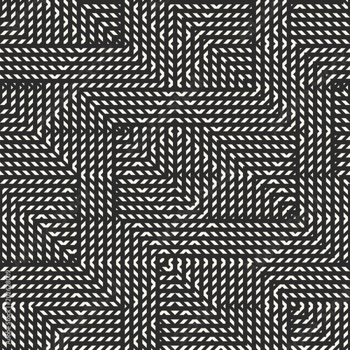 Vector geometric pattern. Abstract graphic background with crossing lines, diagonal stripes, small elements. Dark monochrome texture. Modern stylish linear background. Black and white repeat design