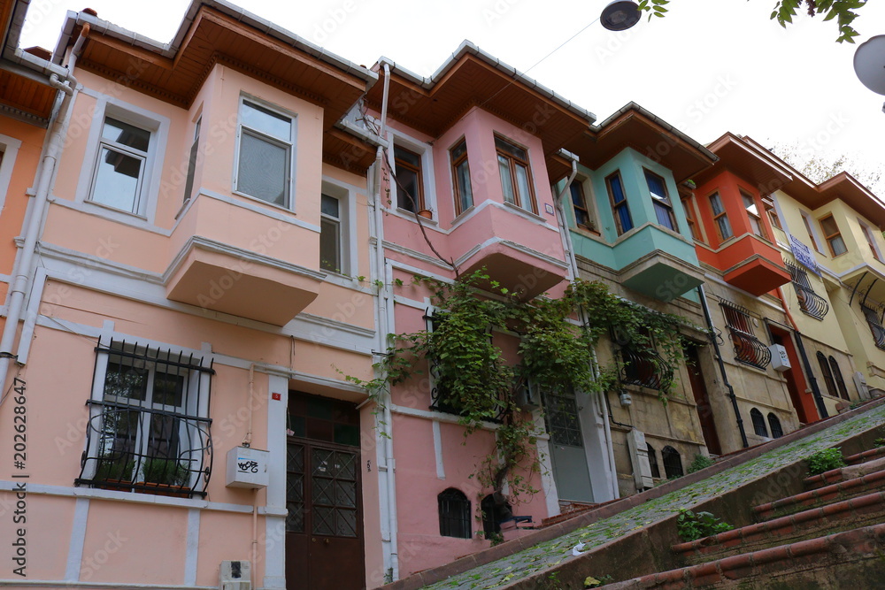 Merdivenli Yokus street in Balat Istanbul. Traditional Turkish House architecture samples in this street. 