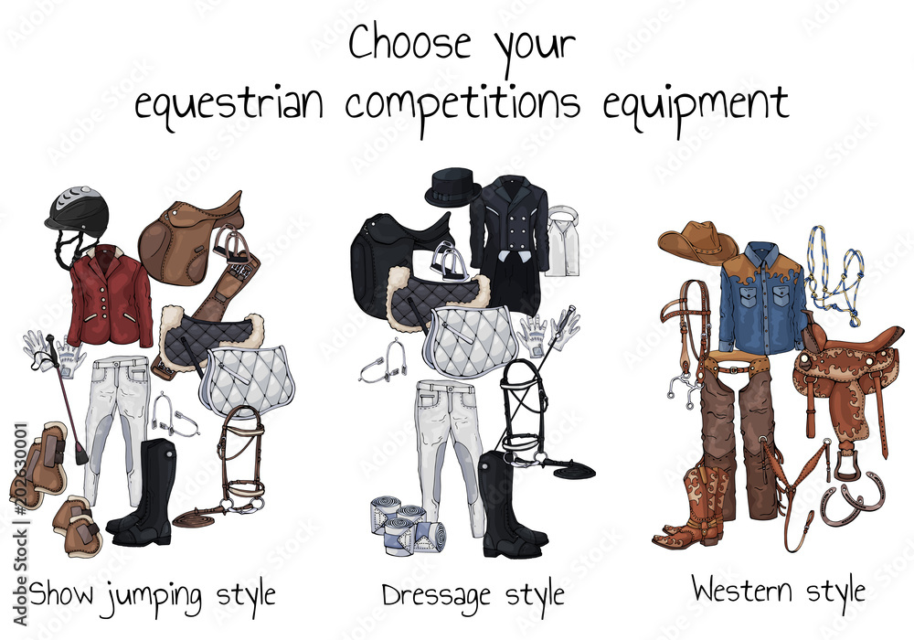 Φωτογραφία Vector colorful illustrations on the theme horse ammunition and rider outfit; set of groups of objects for equestrian sport competitions