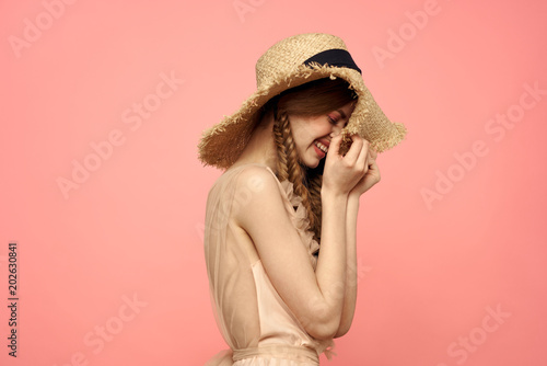 happy woman in hat side view