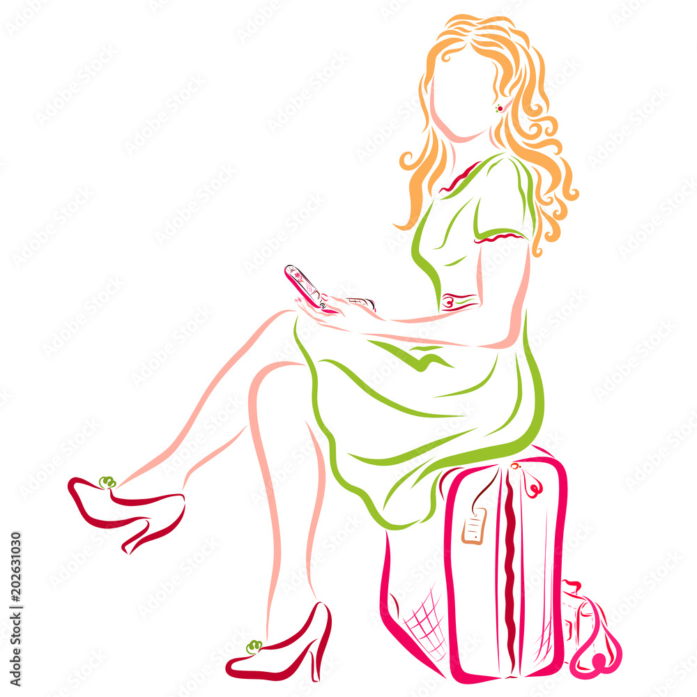 Chic blonde with luggage and cell phone Chic blonde with luggage and cell phone