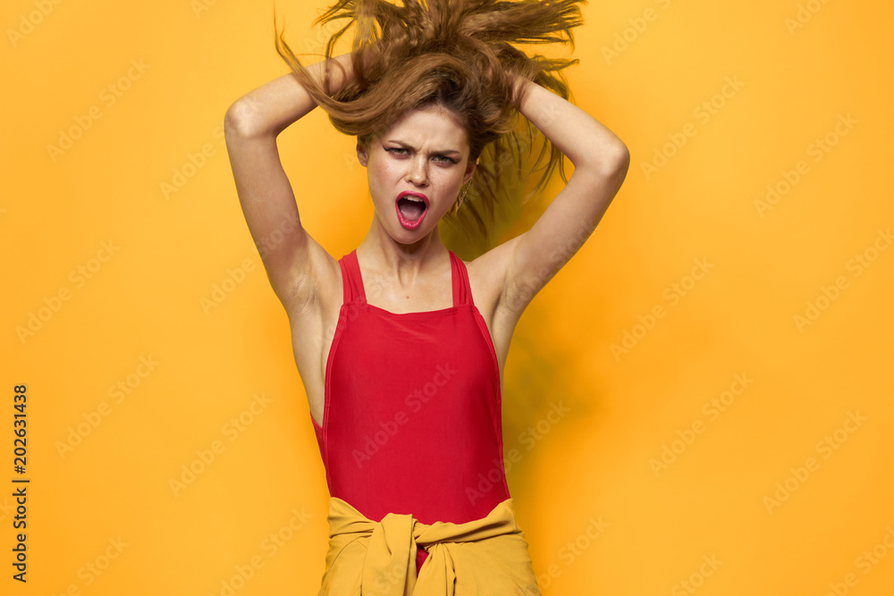 woman lifted up hair red tank top woman lifted up hair red tank top