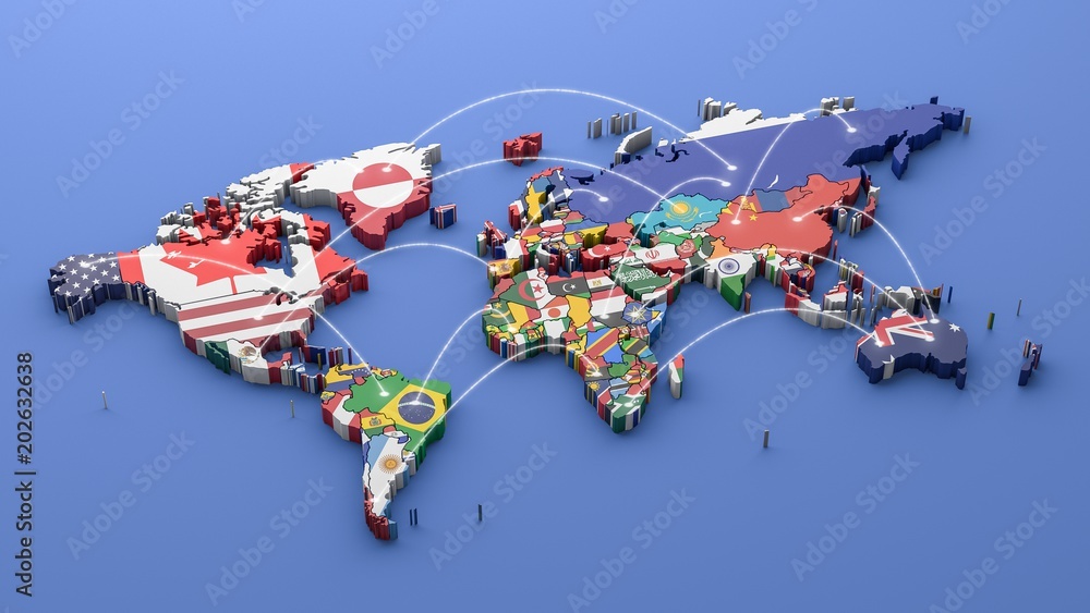 Obraz Mapa świata ze wszystkimi stanami i ich flagami, renderowania 3d