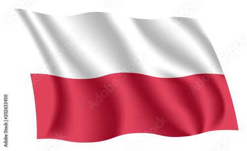 Poland flag. Isolated national flag of Poland. Waving flag of the Republic of Poland. Fluttering textile polish flag.
