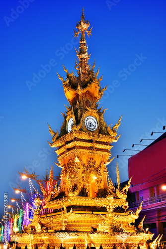Golden Clock Tower in Chiang Rai  Thailand after sunset