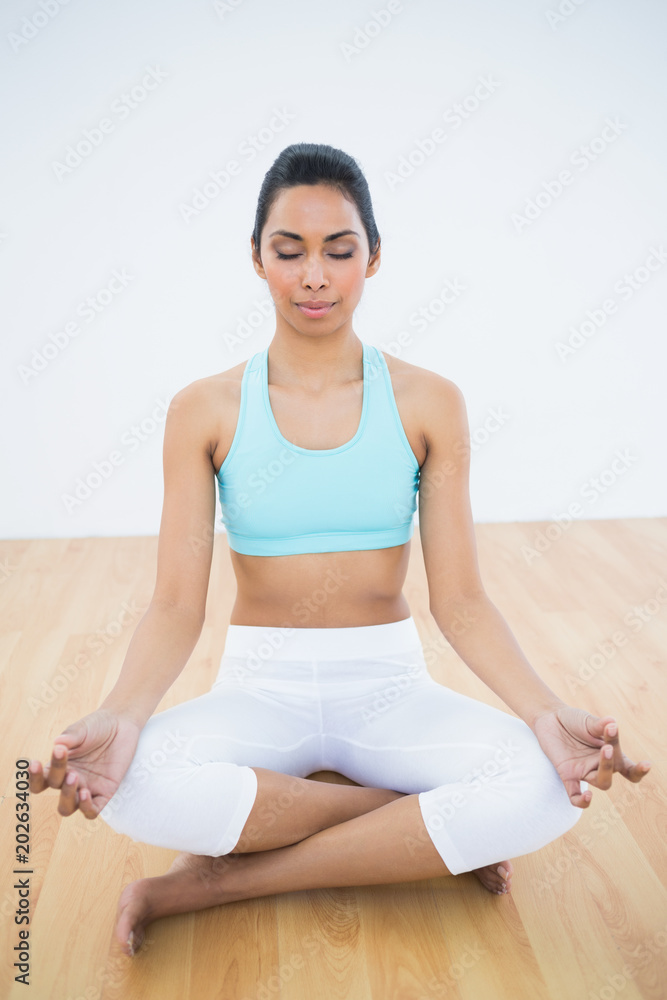 Peaceful slim woman meditating in lotus position Peaceful slim woman meditating in lotus position