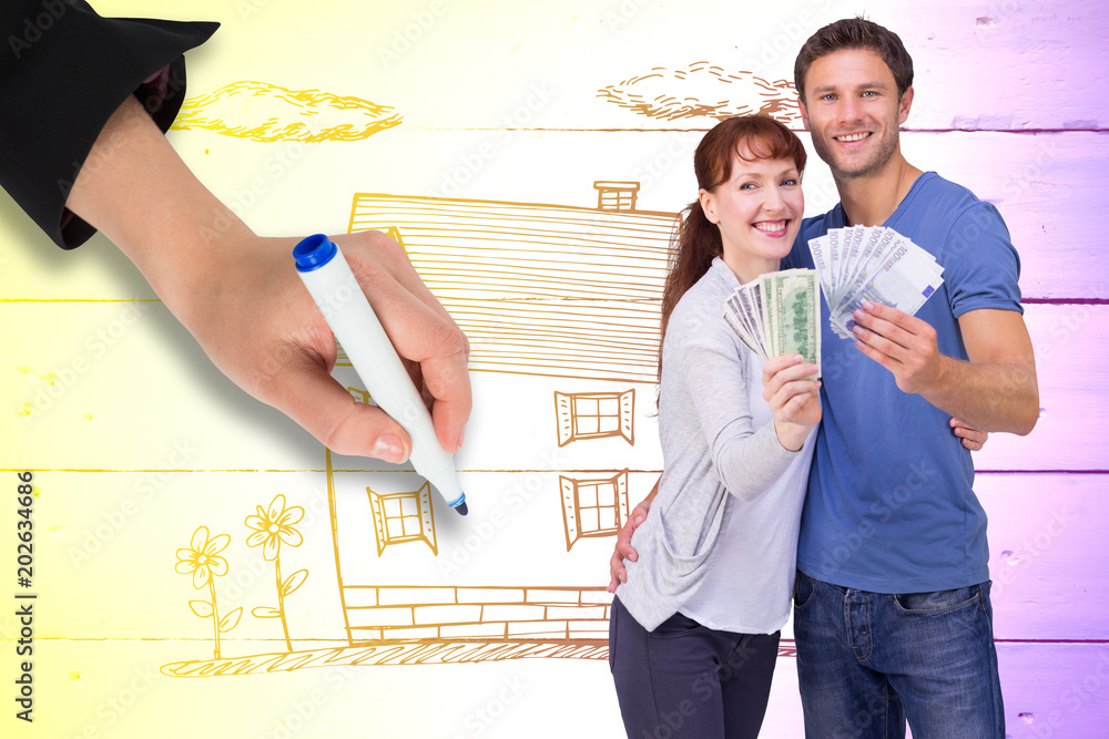 Φωτογραφία Couple holding fans of cash against painted blue wooden planks