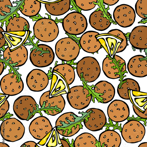 Falafel and Arugula Herb Leaves, Lemon. Seamless Endless Background. Middle Eastern. Arabic Israel Vegetarian Healthy Fast Food. Jewish Street. Realistic Hand Drawn Illustration. Savoyar Doodle Style.