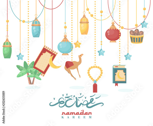 Creative greeting card design for holy month of muslim community festival Ramadan Kareem with moon and hanging lantern and stars