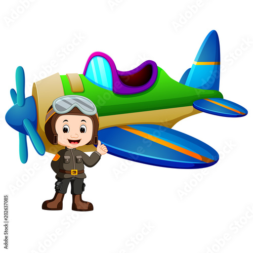 Pilot and jet plane on white background